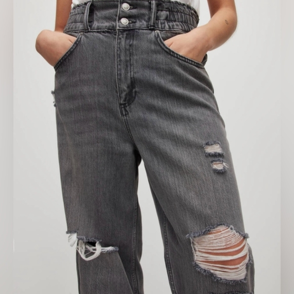 All Saints Hailey High-Rise Destroyed Tapered Jeans in Gray Wash - Picture 2 of 6